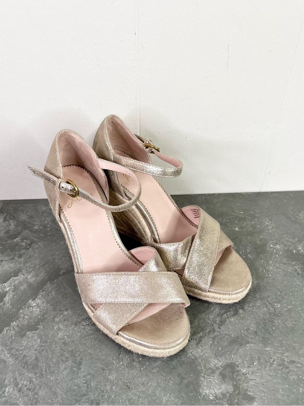 J.Crew Metallic Leather Jute Wedge Sandals champagne gold size 6 j crew - Picture 2 of 9